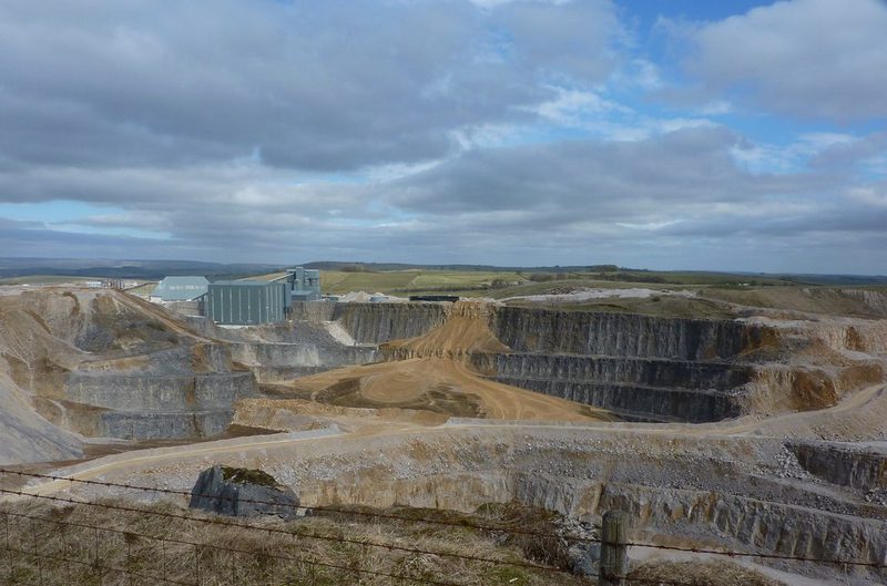 The processing plant at Dowlow Works, where limestone is graded, crushed and washed, with conveyors and stockpiles spread across the quarry floor