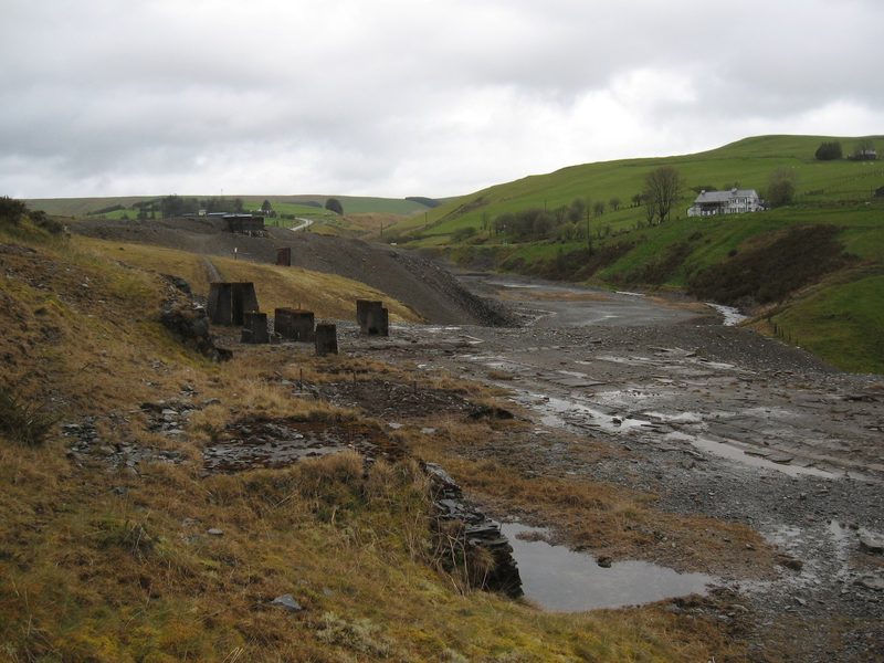 Stonework and cut ground surviving from the mine buildings at Dylife, most of which were demolished after closure.