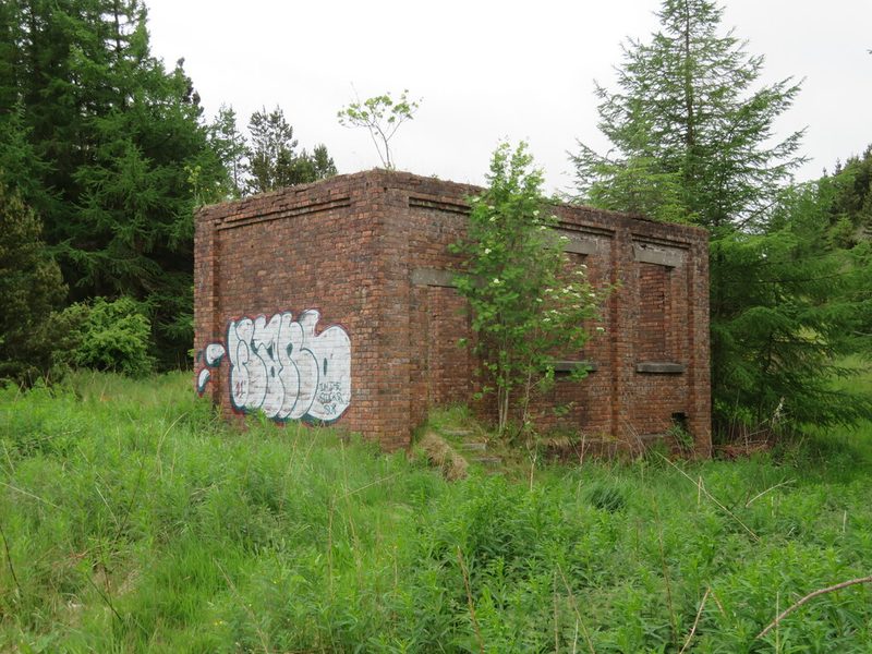 A roofless stone building standing among rough grass and forestry on Fauldhouse Moor, a survivor of the East Benhar colliery workings.