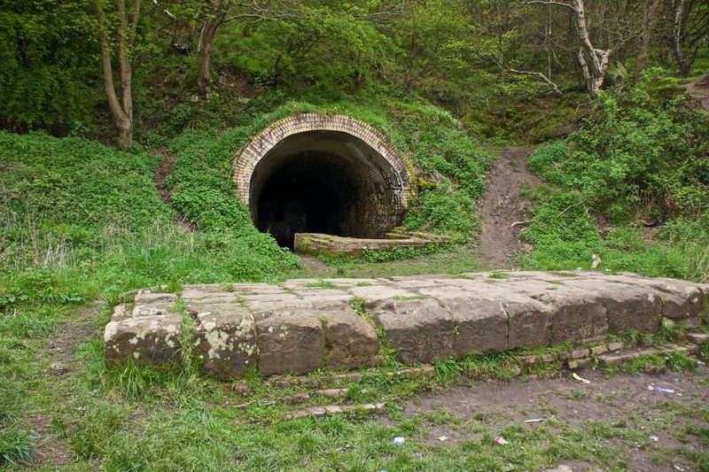 The overgrown cutting and stone-walled entrance of New Bank Drift on the escarpment of the Eston Hills.