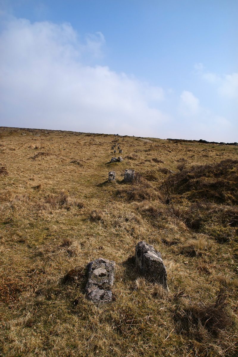 A line of twin granite posts on Dartmoor that once carried the flat-rod system transmitting power from Eylesbarrow Mine's wheelpit to distant pumping shafts