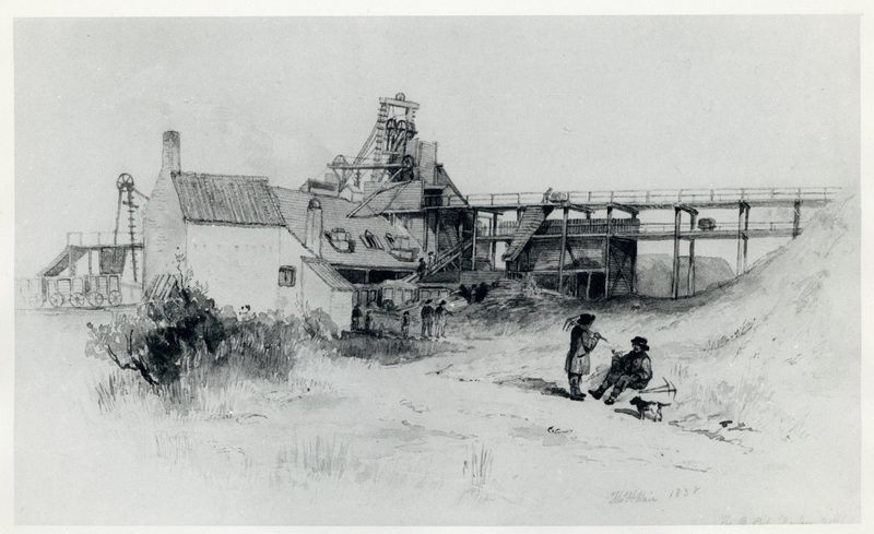 Pencil drawing of a colliery with a tall timber headframe, a raised wooden gantry, whitewashed buildings and two pitmen resting with a dog in the foreground.