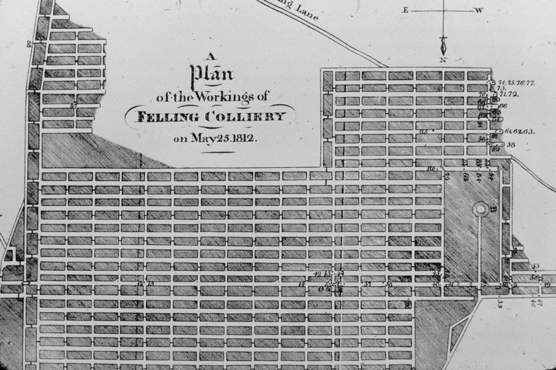 A hand-drawn plan of Felling Colliery's underground workings as they stood on the day of the explosion, showing the headings, boards and the two shafts.