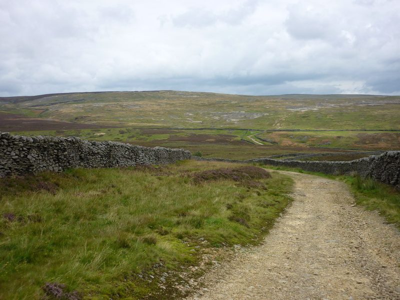 Hummocky old lead workings on Grassington Moor seen from Old Moor Lane above Yarnbury, with heather in bloom.