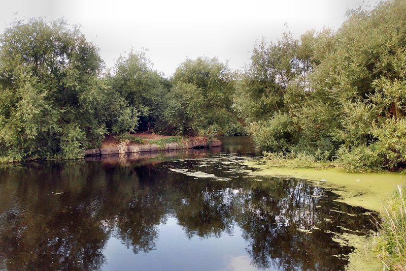 A still water basin on the River Aire at the site of the former Fryston Colliery, with reclaimed banks.
