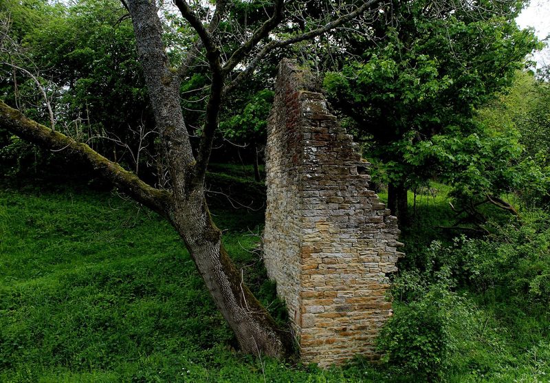 The ruined stone walls of the workshop at Harehope Gill lead mine in Weardale, with the gill running past.
