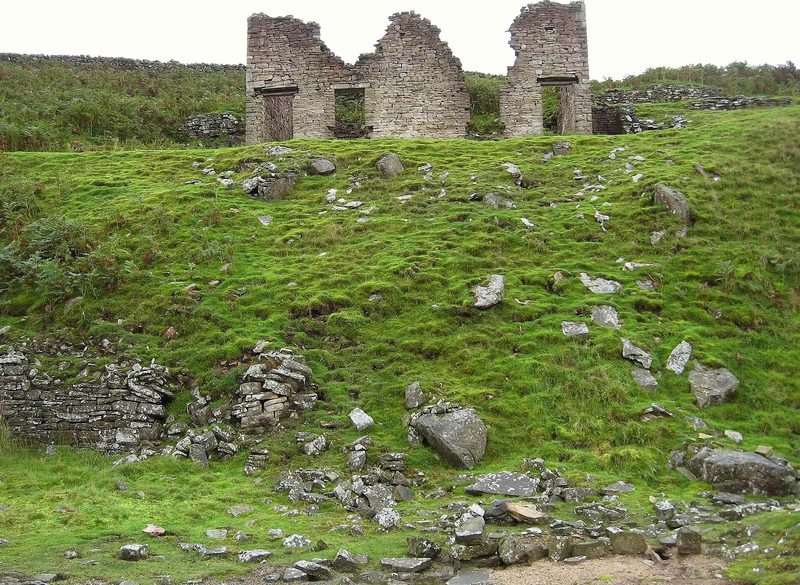 The roofless stone walls of a two-gabled mine building on a grassy slope, above a mossy bank strewn with stones.