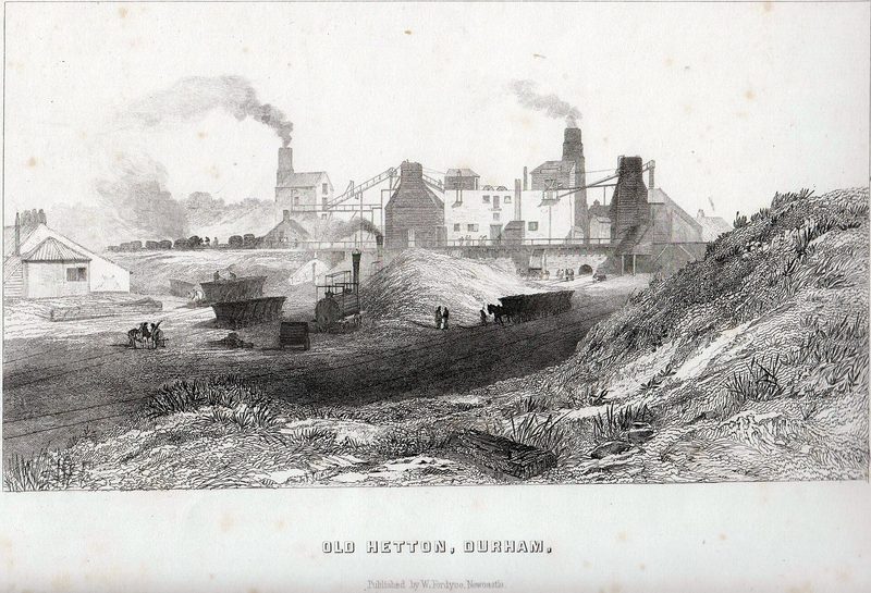 An etching of a colliery with engine houses and smoking chimneys, and wagons and a locomotive in the foreground.