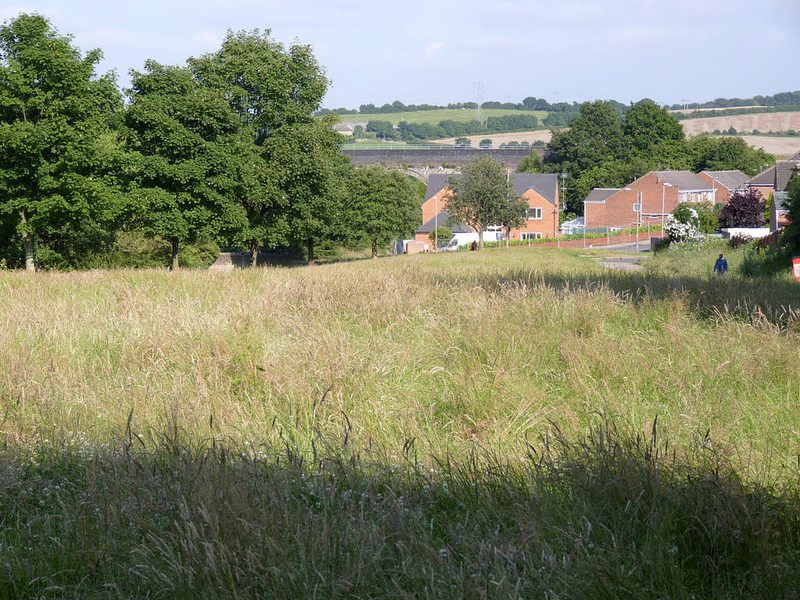 Long grass on a gentle slope running down to brick houses, with trees to the left and a railway viaduct beyond.