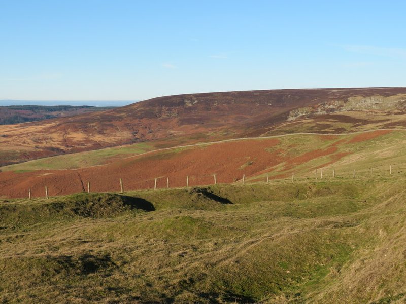 Hummocky grass with shallow pits in the foreground and a moorland escarpment of bracken and heather beyond under a clear sky.