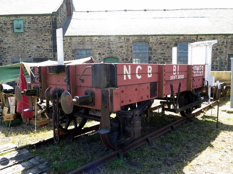 A four-wheeled wooden-bodied colliery bogie from the Kibblesworth drift, preserved on a short length of track at the Bowes Railway Museum.