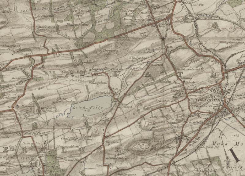 An Ordnance Survey map of 1907 showing the three settlements of Lassodie — Old Rows, New Rows and Fairfield — with the surrounding pits, Loch Fitty and Cowdenbeath