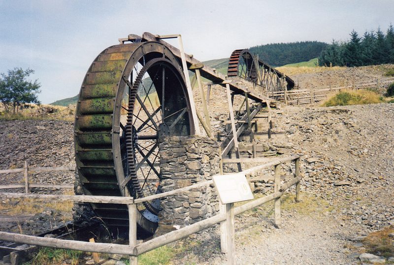 Two iron waterwheels at the Llywernog silver-lead mine museum, photographed in 1998.