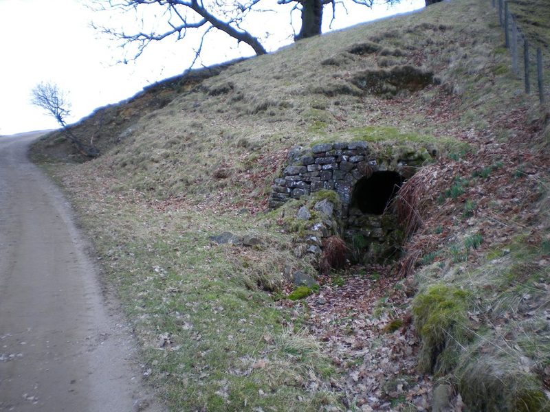 A stone-arched level entrance set into a grassy bank beside a rough track, with bare trees above.