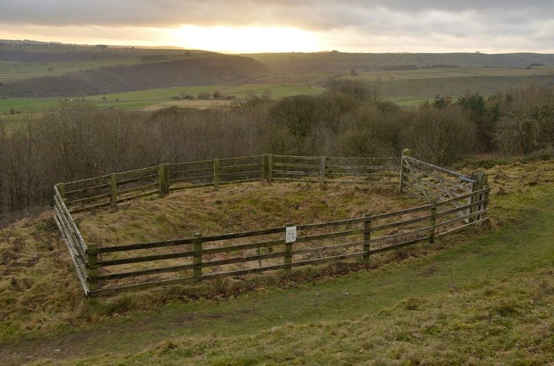 A walled, probable mine shaft among rough grass on Longstone Edge, Derbyshire.