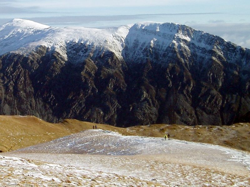 The high pass of Bwlch y Marchlyn on the mountainside above Llanberis, the ground of the Marchlyn workings, with bare rock and scree.