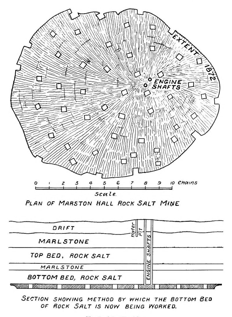 A plan of a rounded mine working dotted with square pillars around two engine shafts, above a section of the beds.
