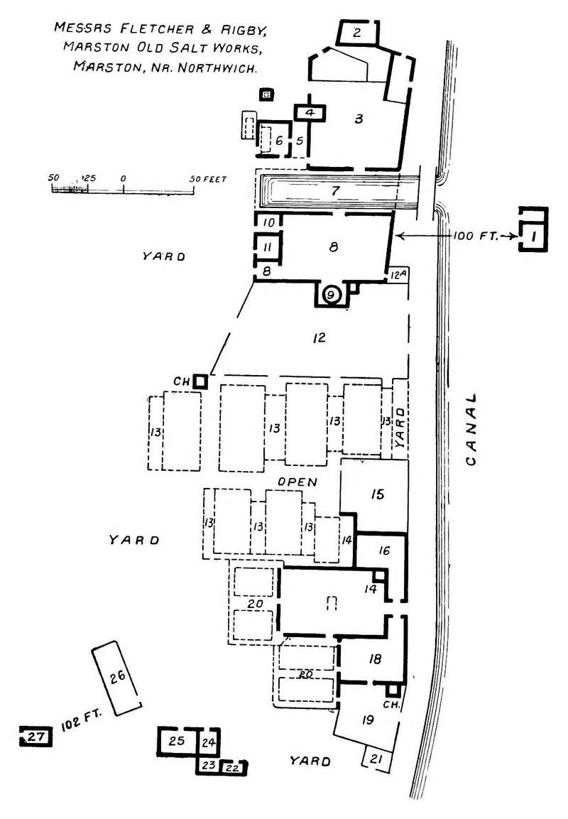 A line plan of a salt works along a canal, with numbered buildings, rows of open pans, a canal basin and yards.