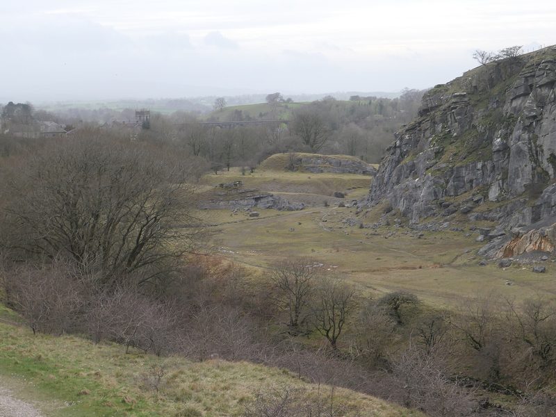 The curved end of a long, low stone kiln overgrown with trees and ivy, its arched entrances open along the wall.