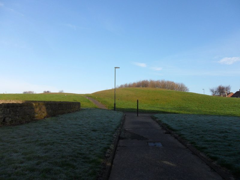 A tarmac path through frosty grass towards a grassed mound with a lamp post, under a clear blue sky, 2014