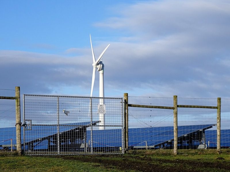 Rows of solar panels behind a wire fence with a wind turbine rising beyond