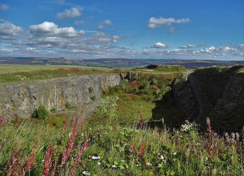 The workings of Moss Rake Quarry on Bradwell Moor, Derbyshire, now used by rock climbers.