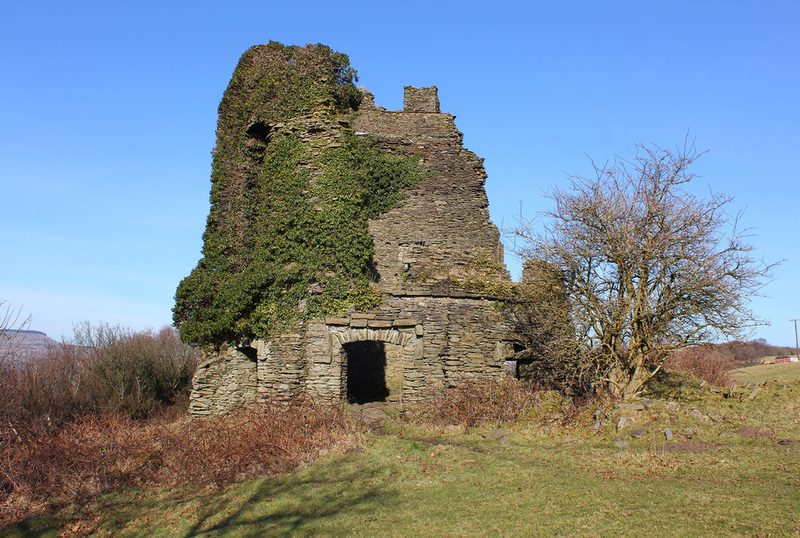 A ruined ivy-clad stone tower with an arched doorway beside a bare tree, on rough grass under a blue sky.
