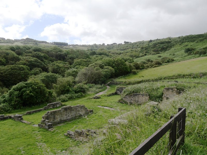 The ruins of the alum works at Ravenscar photographed in June 2024, walls standing among grass on the clifftop platform.