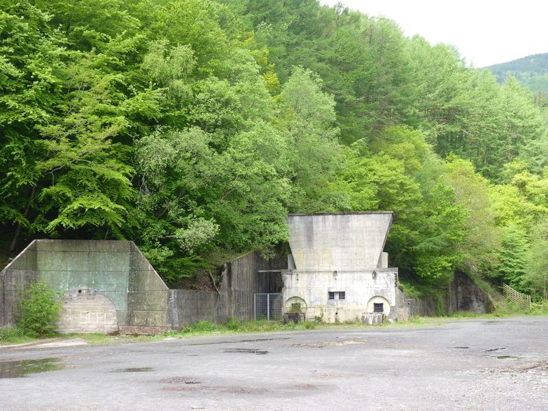 The concrete fan evasée and drift buildings of the disused Pentreclwydau colliery among trees, 2013
