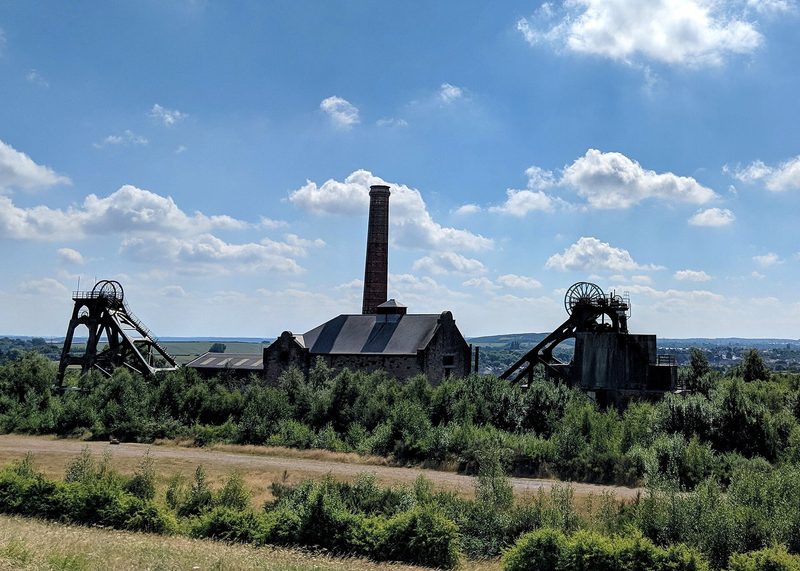 The preserved headstocks and engine house at Pleasley Colliery, photographed in July 2018.