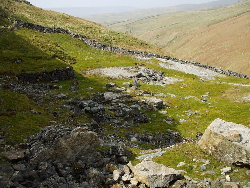 The stone-walled dressing floors of Old Providence lead mine in Dowber Gill above Kettlewell, photographed in 2015.