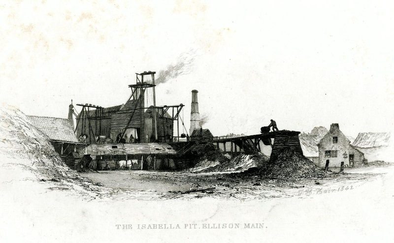 An engraving of the Isabella Pit at Ellison Main on Gateshead Fell: headgear, engine house and chimney with working figures, a horse and a woman at a cottage door