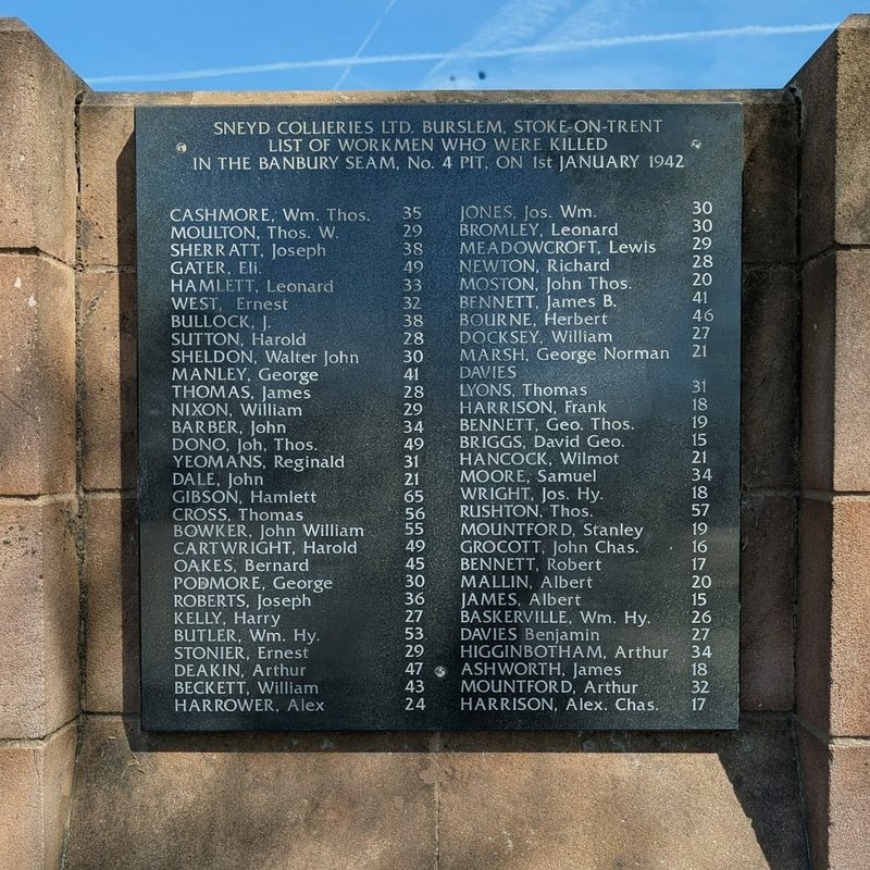 A metal plaque on the Burslem memorial, listing in columns the names of the men and boys killed in the Sneyd Colliery explosion of 1 January 1942.