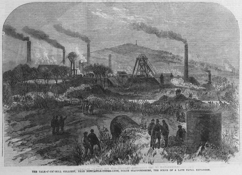 An engraving of a colliery with headframes and smoking chimneys below a hill, with groups of men in the foreground.