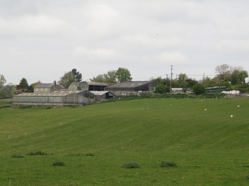 Sloping grass fields rising to the barns and farmhouse of Salmonswell Farm under a grey sky