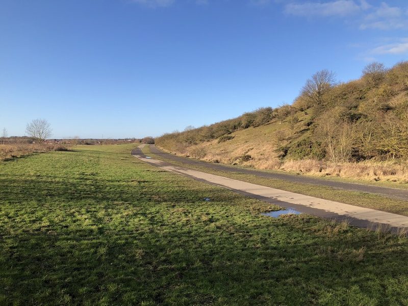 The landscaped former colliery site in winter, with open grassland, a track and wetland vegetation where the pit surface once stood