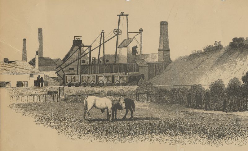 An engraving of a colliery with headgear, tall chimneys and a horse drawing coal waggons, with two horses grazing in the foreground.