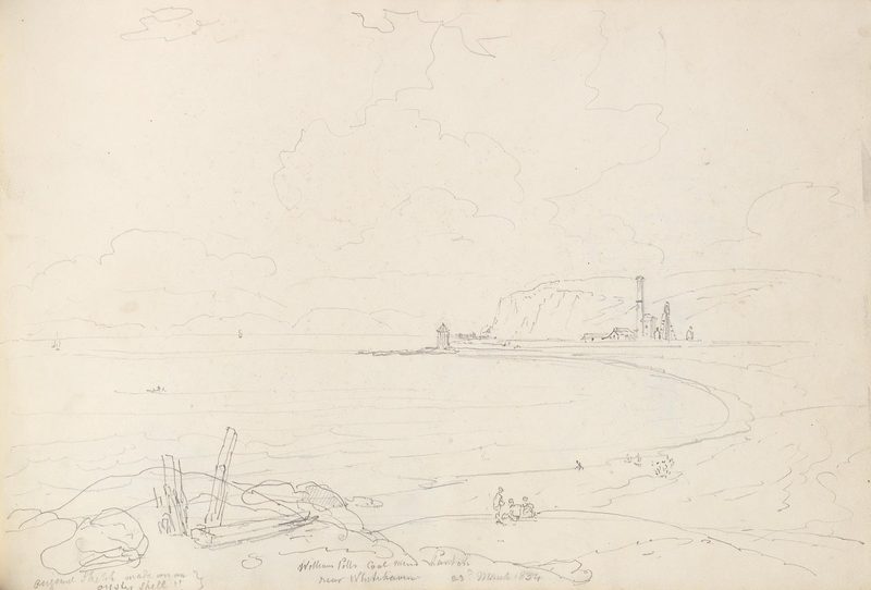 Thomas Hastings's drawing of William Pit near Whitehaven, dated 23 March 1834, showing the colliery on its ledge above the sea.