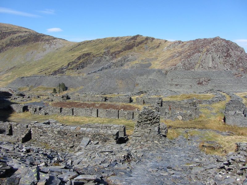 Surface remains of Wrysgan slate quarry above Tanygrisiau, Blaenau Ffestiniog.