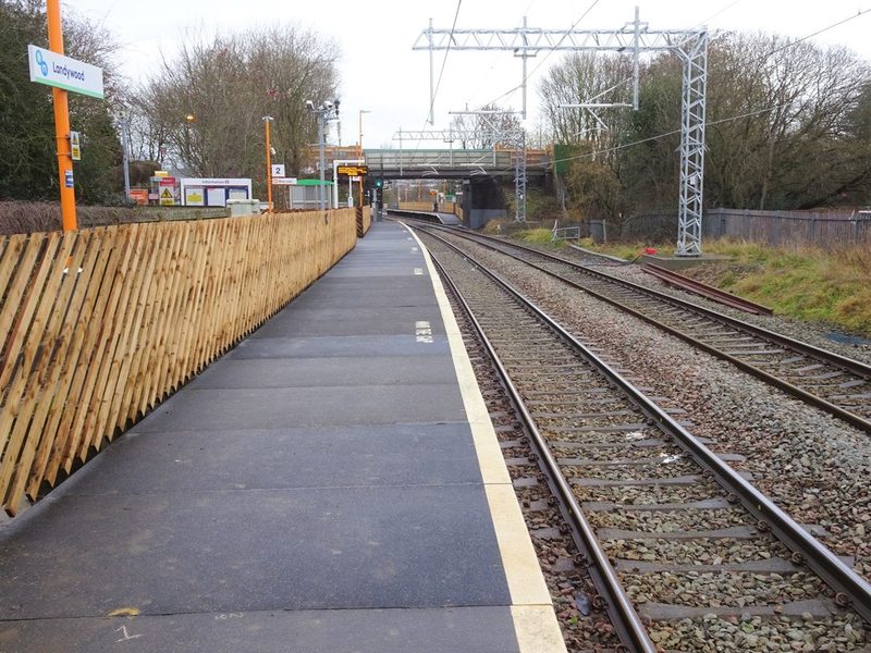 The platforms of Landywood railway station on the Walsall to Rugeley line, in the colliery district of Great Wyrley