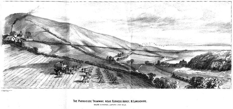 Engraving of the narrow-gauge Parkhouse Mineral Railway, a one-mile line that carried iron ore to the Furness Railway.