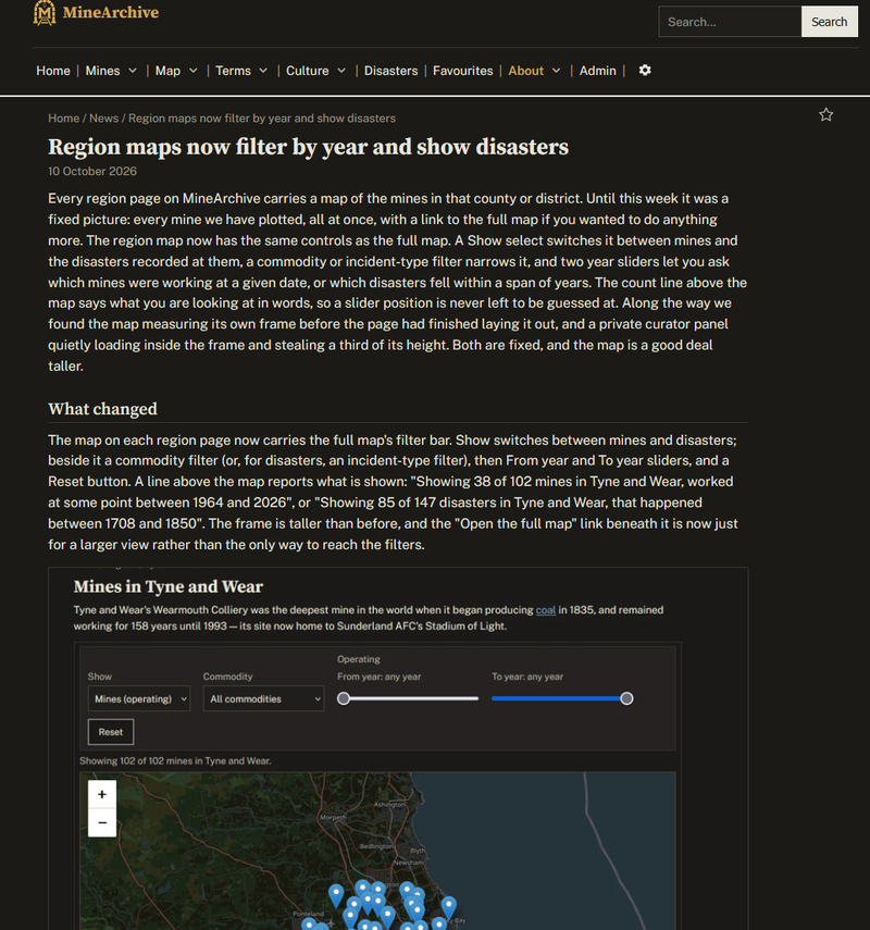 A news article page headed Region maps now filter by year and show disasters, with a summary, a What changed heading and a screenshot of a region map.