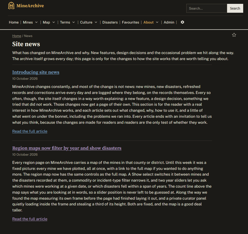 The Site news page listing two articles, each with a linked title, a date and a long paragraph of summary.