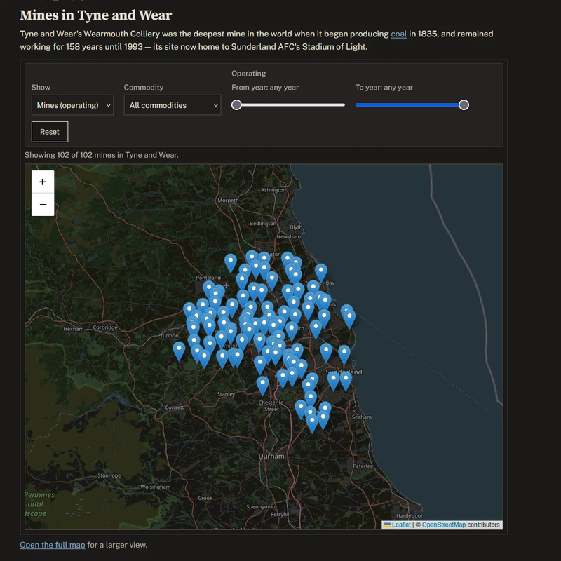 A dark map page with a filter bar of two selects and two year sliders above a map crowded with blue mine markers along the Tyne.