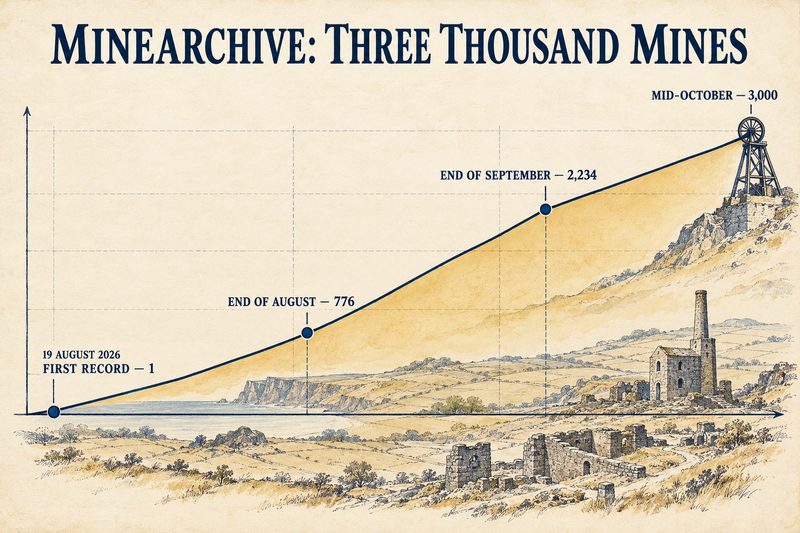 Line chart on cream paper rising from one record in August 2026 to three thousand in October, ending at a drawn pithead wheel above a ruined engine house.