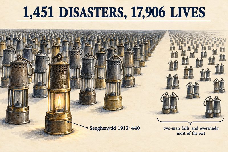 Rows of miners' safety lamps receding into the distance on cream paper, one lamp lit in the foreground and small pairs of lamps grouped at the right.