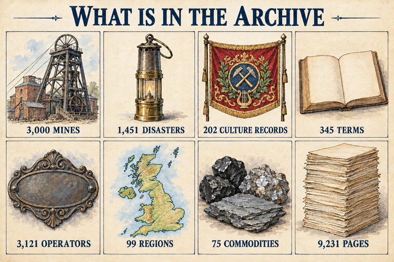Eight drawn panels with counts of mines, disasters, culture records, terms, operators, regions, commodities and pages, each with a headframe, lamp, banner or other emblem.