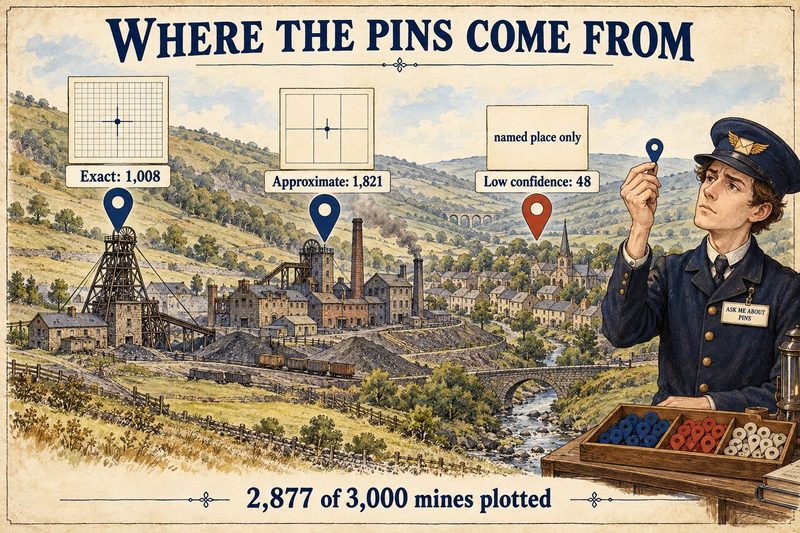 Drawing of a colliery valley with three map pins labelled exact, approximate and low confidence, and a young postal clerk at the right holding a pin up to the light.