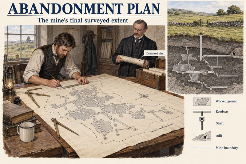 A surveyor inks a mine plan showing worked ground, roadways, shafts and the boundary, beside a cutaway of the same workings under the fields.