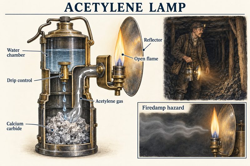 Cutaway of a carbide lamp with water dripping onto calcium carbide to make acetylene for an open flame, beside a miner using one and a firedamp warning.